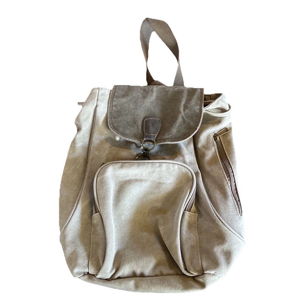 CARGOIT Khaki & Brown Canvas Rucksack Backpack Drawstring with Clasp Closure